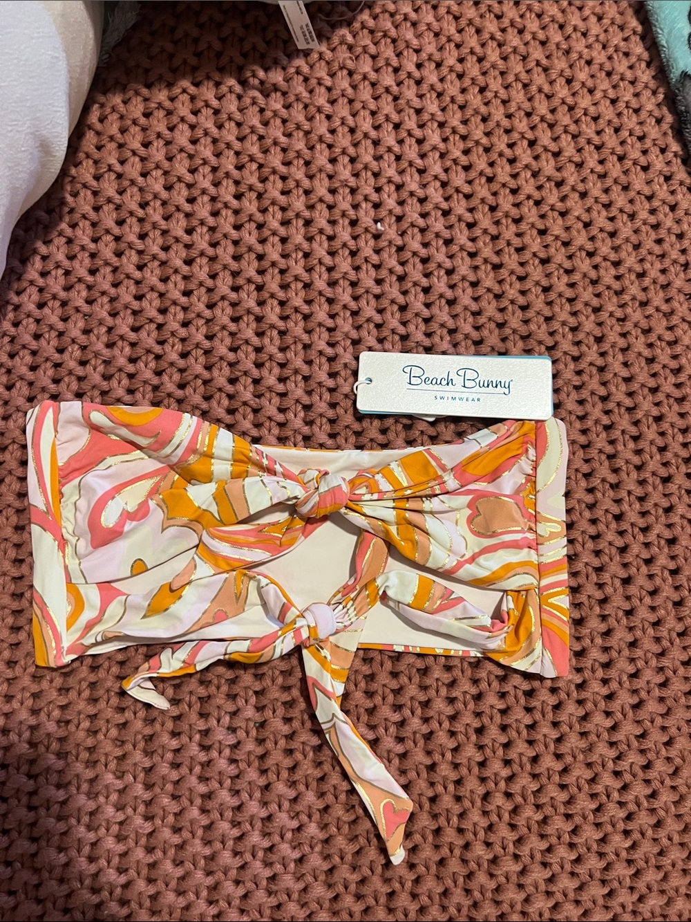 NWT| Beach Bunny Tula Multicolor Pink Orange Swirl Tie-Front Bandeau, Size M